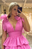 Load image into Gallery viewer, A Line V Neck Hot Pink Long Tiered Prom Dress with Slit