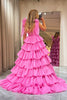 Load image into Gallery viewer, A Line V Neck Hot Pink Long Tiered Prom Dress with Slit