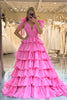 Load image into Gallery viewer, A Line V Neck Hot Pink Long Tiered Prom Dress with Slit