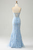 Load image into Gallery viewer, Light Blue Mermaid Strapless Corset Long Prom Dress with Slit