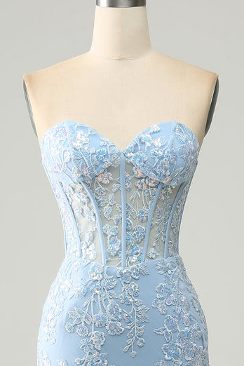 Light Blue Mermaid Strapless Corset Long Prom Dress with Slit