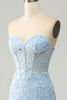 Load image into Gallery viewer, Light Blue Mermaid Strapless Corset Long Prom Dress with Slit