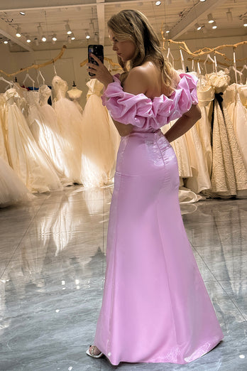 Glitter Pink Mermaid Off the Shoulder Long Prom Dress With Slit