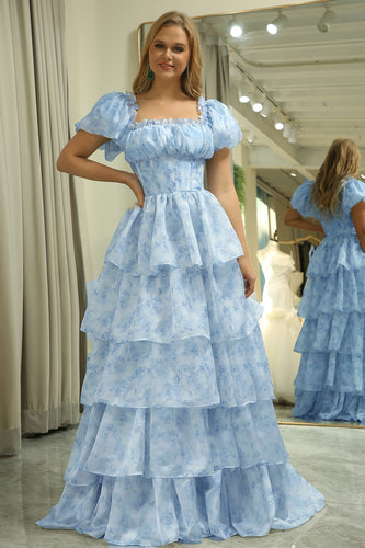 Light Blue Printed A Line Long Tiered Corset Prom Dress