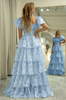 Light Blue Printed A Line Long Tiered Corset Prom Dress