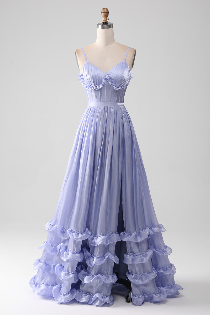 Load image into Gallery viewer, A-Line Lavender Spaghetti Strap Long Prom Dress with Ruffles