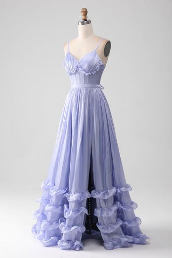 A-Line Lavender Spaghetti Strap Long Prom Dress with Ruffles