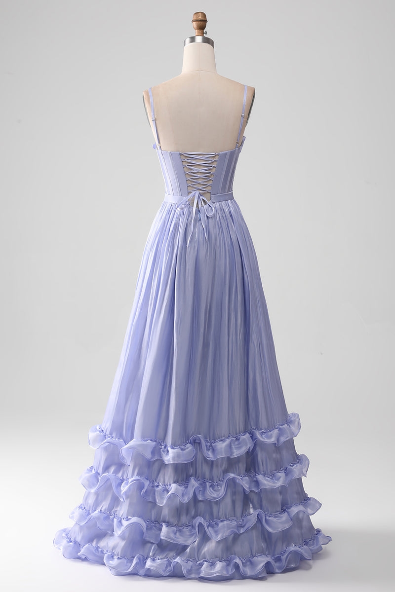 Load image into Gallery viewer, A-Line Lavender Spaghetti Strap Long Prom Dress with Ruffles