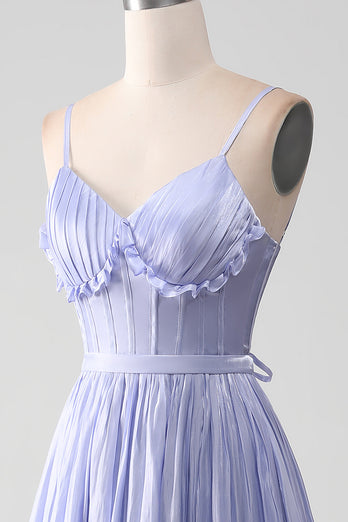 A-Line Lavender Spaghetti Strap Long Prom Dress with Ruffles