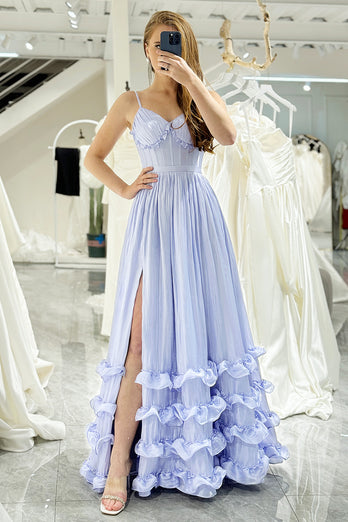 Lavender A-line Spaghetti Strap Long Prom Dress with Slit