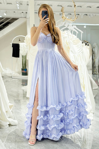 Lavender A-line Spaghetti Strap Long Prom Dress with Slit