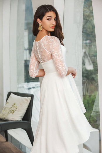 High Low White Graduation Dress with Lace Sleeves