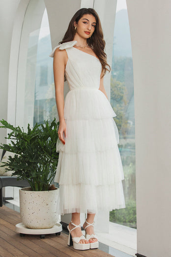 One Shoulder Tiered White Midi Graduation Dress with Bow