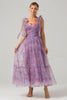 Load image into Gallery viewer, Purple A Line Pleated Printed Tea-Length Prom Dress