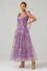 Load image into Gallery viewer, Purple A Line Pleated Printed Tea-Length Prom Dress