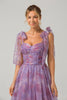 Load image into Gallery viewer, Purple A Line Pleated Printed Tea-Length Prom Dress