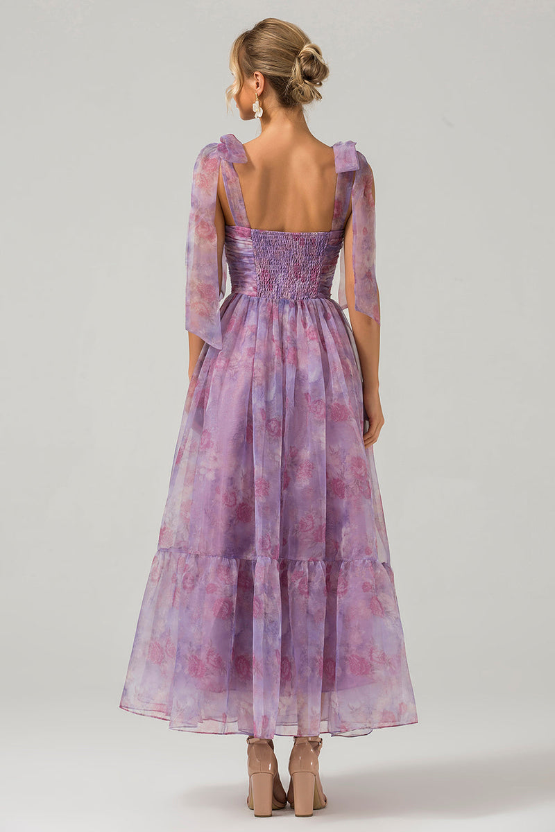 Load image into Gallery viewer, Purple A Line Pleated Printed Tea-Length Prom Dress