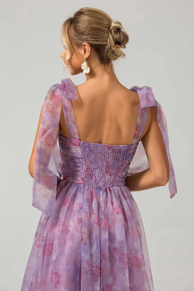 Load image into Gallery viewer, Purple A Line Pleated Printed Tea-Length Prom Dress