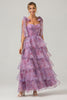 Load image into Gallery viewer, A Line Purple Printed Tiered Tea-Length Long Prom Dress