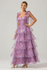 Load image into Gallery viewer, A Line Purple Printed Tiered Tea-Length Long Prom Dress