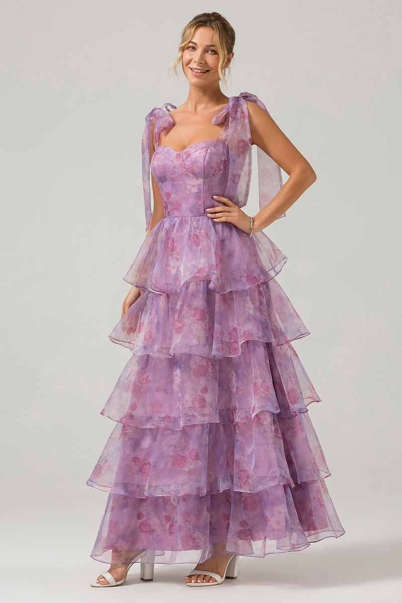 Load image into Gallery viewer, A Line Purple Printed Tiered Tea-Length Long Prom Dress