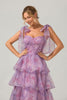 Load image into Gallery viewer, A Line Purple Printed Tiered Tea-Length Long Prom Dress