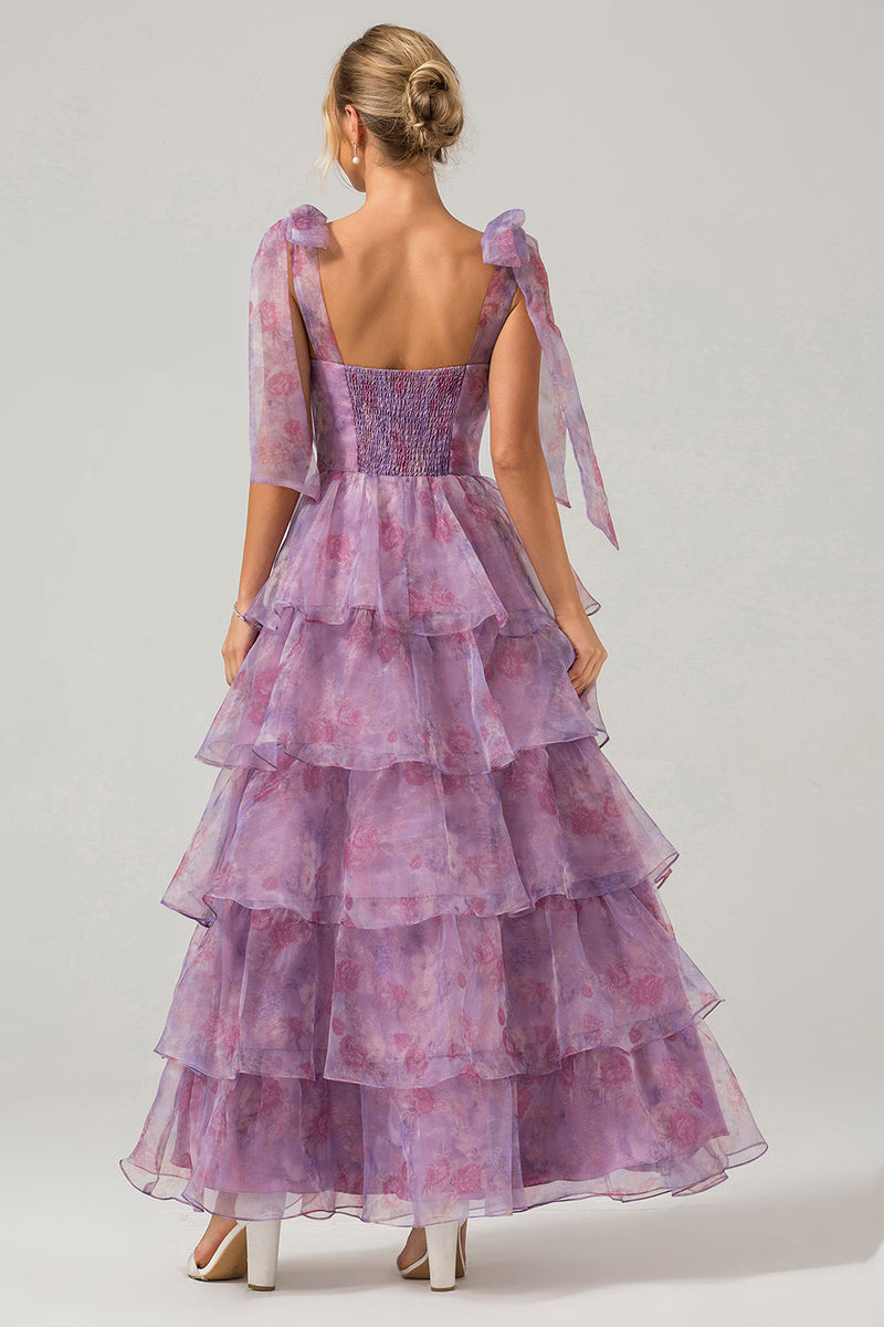 Load image into Gallery viewer, A Line Purple Printed Tiered Tea-Length Long Prom Dress