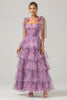 Load image into Gallery viewer, A Line Purple Printed Tiered Tea-Length Long Prom Dress