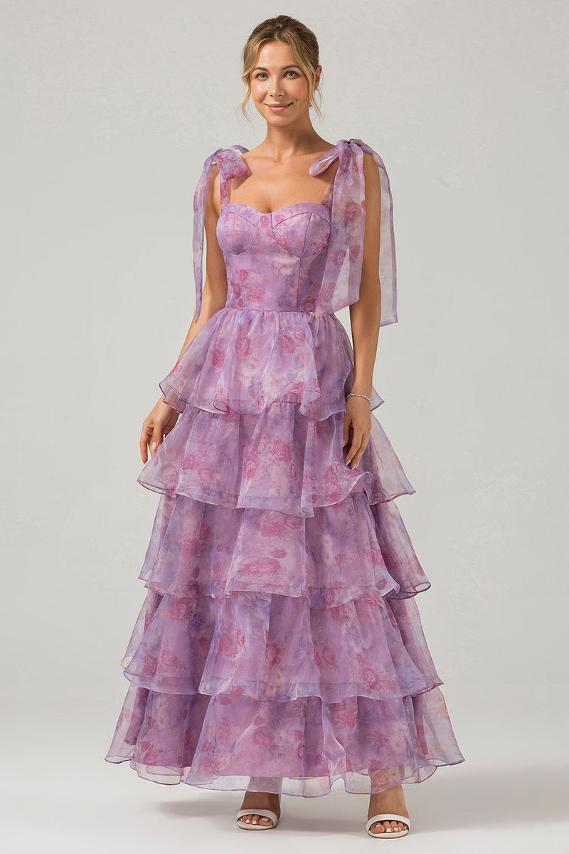 Load image into Gallery viewer, A Line Purple Printed Tiered Tea-Length Long Prom Dress