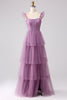 Load image into Gallery viewer, Purple A Line Tulle Tiered Pleated Long Prom Dress with Slit