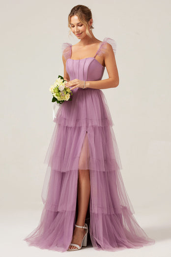 Detachable Straps A Line Purple Tiered Long Bridesmaid Dress