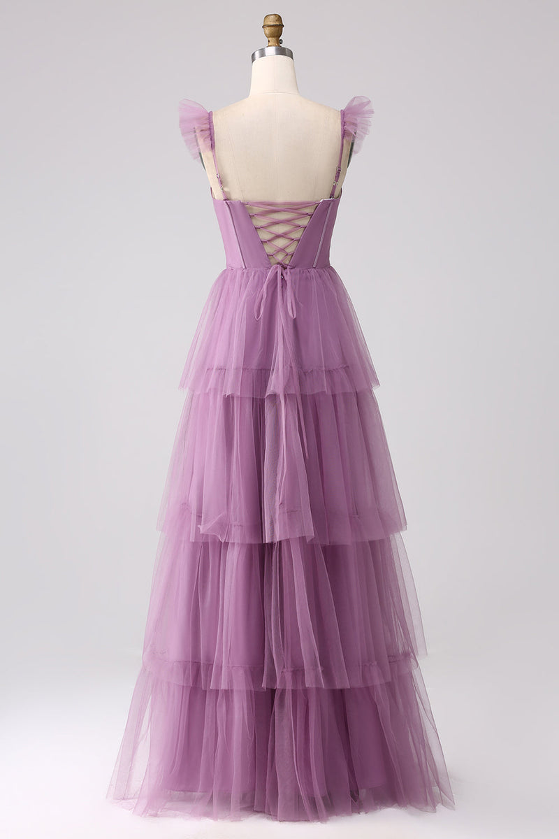 Load image into Gallery viewer, Purple A Line Tulle Tiered Pleated Long Prom Dress with Slit