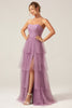 Load image into Gallery viewer, Detachable Straps A Line Purple Tiered Long Bridesmaid Dress