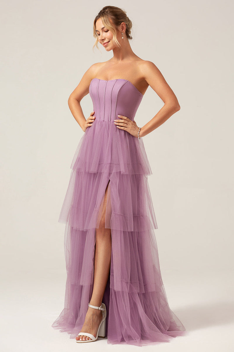 Load image into Gallery viewer, Detachable Straps A Line Purple Tiered Long Bridesmaid Dress