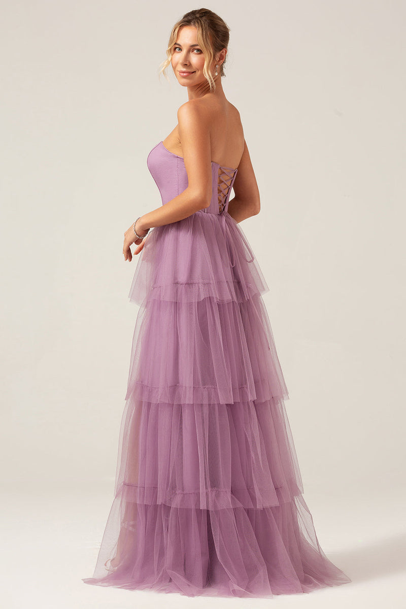 Load image into Gallery viewer, Detachable Straps A Line Purple Tiered Long Bridesmaid Dress