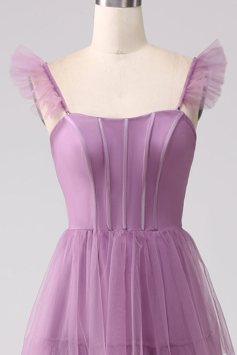 Load image into Gallery viewer, Purple A Line Tulle Tiered Pleated Long Prom Dress with Slit