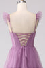 Load image into Gallery viewer, Purple A Line Tulle Tiered Pleated Long Prom Dress with Slit