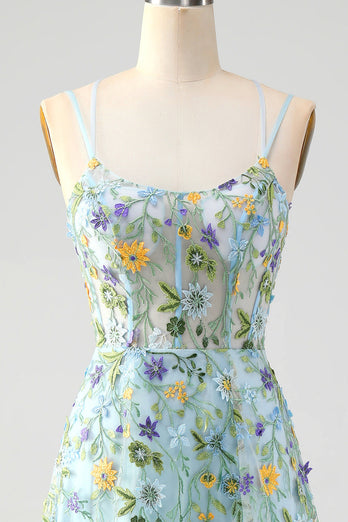 Blue Flower A Line Spaghetti Straps Corset Prom Dress with Slit