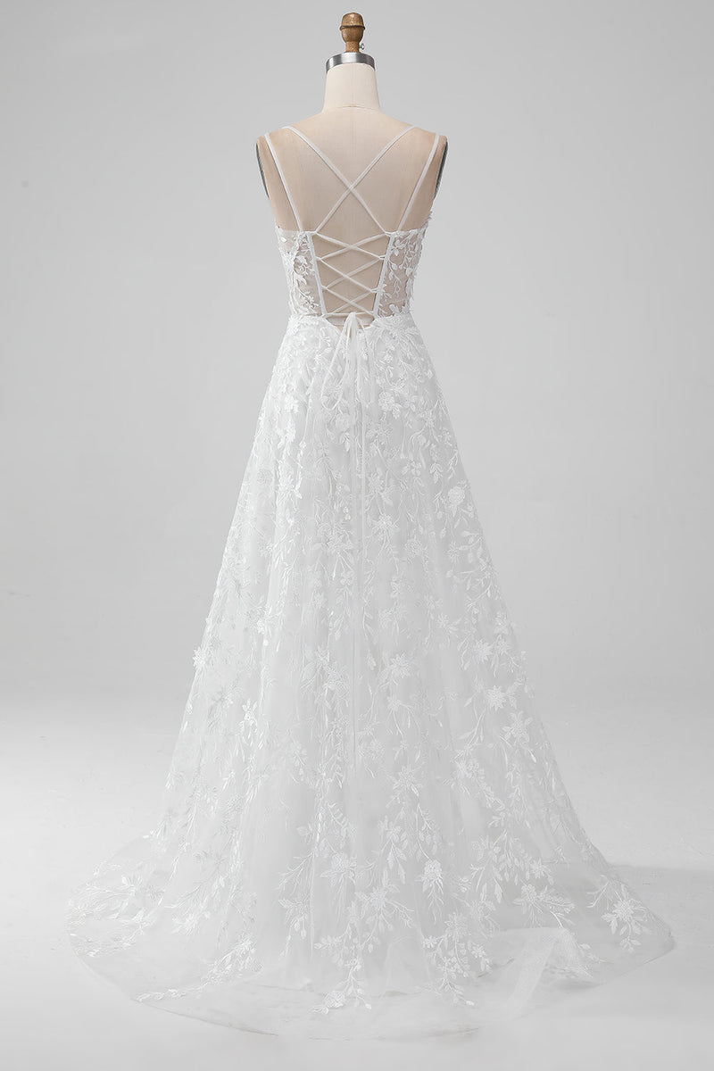 Load image into Gallery viewer, Ivory A Line Spaghetti Straps Applique Lace Corset Wedding Dress with Slit