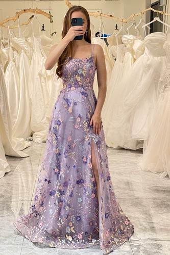 Mauve A-Line Spaghetti Straps Long Prom Dress with Appliques