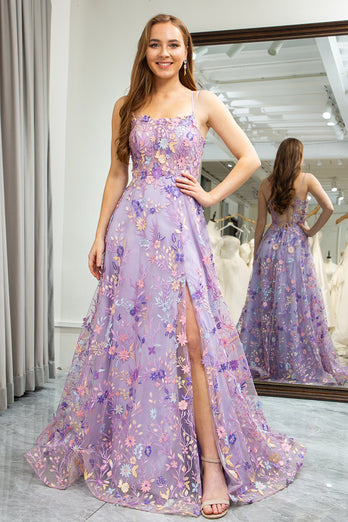 A-Line Mauve Spaghetti Straps Prom Dress with Appliques