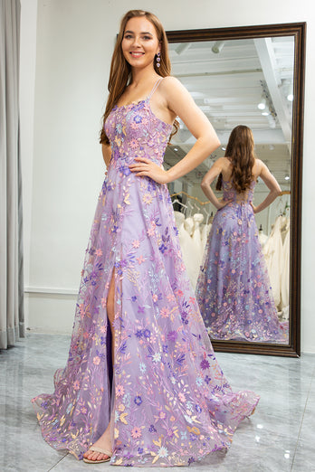 A-Line Mauve Spaghetti Straps Prom Dress with Appliques