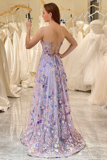 Mauve A-Line Spaghetti Straps Long Prom Dress with Appliques