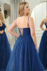 Load image into Gallery viewer, Glitter Navy A-line Spaghetti Strap Tulle Long Prom Dress with Slit