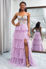 Load image into Gallery viewer, A-Line Mauve Spaghetti Straps Tulle Corset Prom Dress with Slit