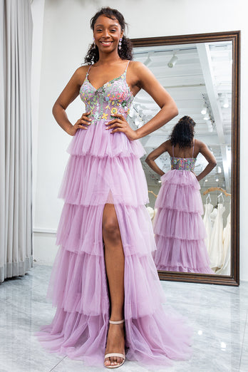 A-Line Mauve Spaghetti Straps Tulle Corset Prom Dress with Slit