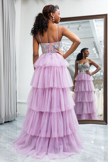 A-Line Mauve Spaghetti Straps Tulle Corset Prom Dress with Slit