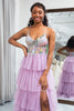 Load image into Gallery viewer, A-Line Mauve Spaghetti Straps Tulle Corset Prom Dress with Slit