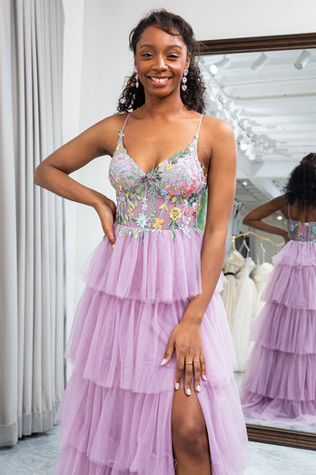 A-Line Mauve Spaghetti Straps Tulle Corset Prom Dress with Slit