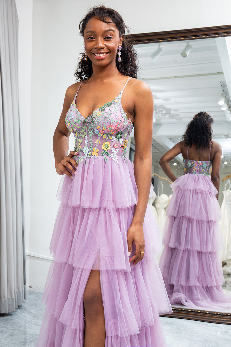 Load image into Gallery viewer, A-Line Mauve Spaghetti Straps Tulle Corset Prom Dress with Slit